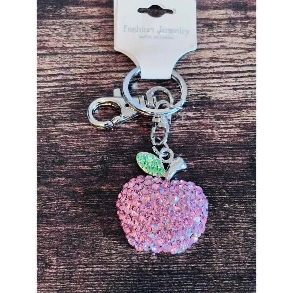 Pink Rhinestone Apple Keychain Silver Tone Bag Charm Crystal Fruit Accessory